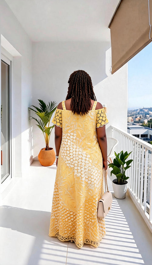 A Cold shoulder gold lace maxi dress ANKARA LABELS A Cold shoulder gold lace maxi dress ANKARA LABELS