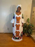 White Lace with Ankara  Embroidery Caftan  with Scarf