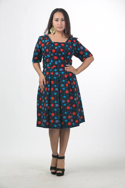 Navy Blue Multi Colored Round Neck Flared