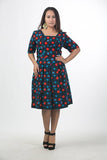 Navy Blue Multi Colored Round Neck Flared