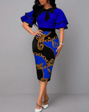 Ruffle Hem Baroque Chain Print Bowknot Decor Work Dress