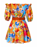 Off Shoulder Frill Hem Allover Print Dress With Belt